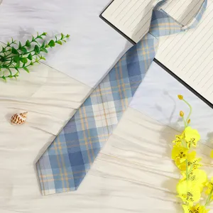 Classic blue plaid preppy style lazy necktie, easy-to-wear pre-tied design for outfit.