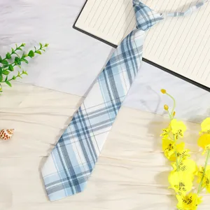 Blue white plaid lazy tie pre-tied JK uniform school style necktie for daily wear details