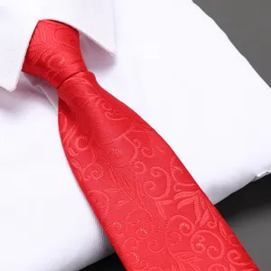 Red pre-tied zipper necktie variant, elegant jacquard pattern design, perfect for weddings.
