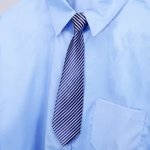 Primo piano dettagliato di una elegante camicia blu abbinata a una classica cravatta a righe.