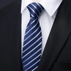 Close-up detail of classic blue striped business necktie, elegant fabric texture.