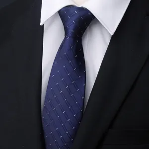 Men's blue business formal tie with white dot grid pattern, elegant and professional style detail.