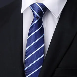 Men's blue business formal tie with white diagonal stripes, classic wedding work detail.