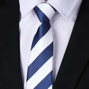 Men's blue and white striped necktie detail shot, perfect for business formal and wedding wear.