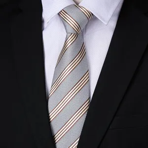 Men's business striped tie detail close-up, classic formal wear accessory for professional office look.
