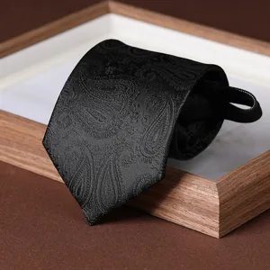 Black paisley jacquard zipper necktie for men business formal wear suit accessory.