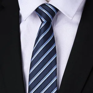 Men's blue striped business necktie close up detail, classic formal wear matching accessory.
