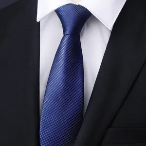 Close-up detail of the blue striped men business necktie, showcasing fine fabric texture.