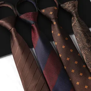 Men business zipper necktie brown pre tied stripe dot paisley formal wedding suit tie