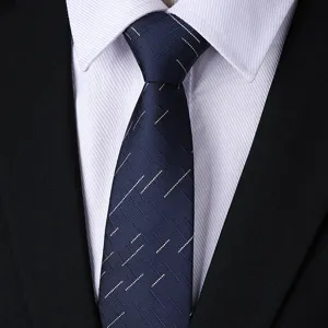 Detailed view of men's dark blue business tie with subtle pattern, ideal for formal wear.