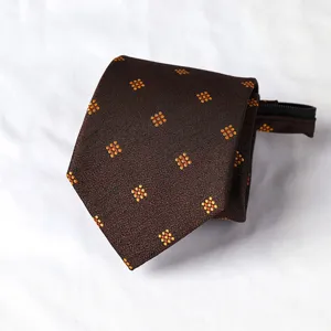 Brown men's business zipper tie detail, classic geometric pattern, pre-tied lazy design.