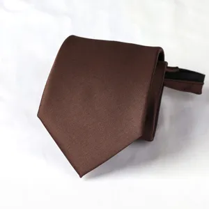 Brown zipper necktie detail shot, showing smooth satin texture and pre-tied zipper structure.