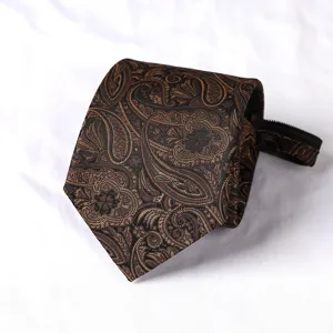Brown paisley zipper tie for men, easy wear pre-tied necktie for business wedding.