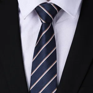 Men's classic striped business tie in dark blue with white and brown stripes for formal wear.