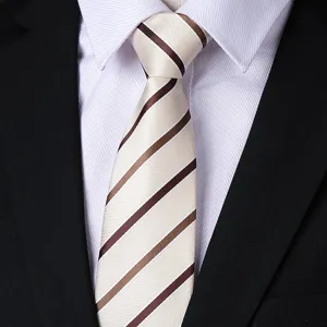 Close-up detail of classic striped men's necktie paired with formal dress shirt and suit.
