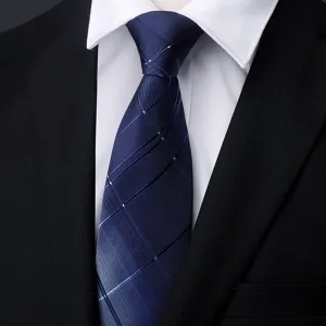 Close-up detail of a classic blue plaid mens necktie with elegant diagonal pattern.