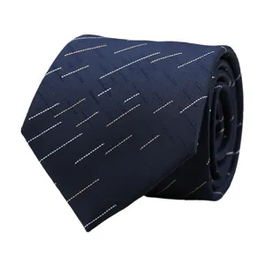 Men's navy blue business formal tie with stylish dashed pattern, perfect for wedding and work.