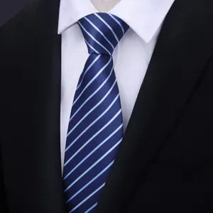 Men business blue striped necktie, zipper pre-tied design, ideal for office work and weddings.