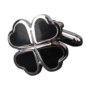 Boutons de manchette chemise homme trèfle à quatre feuilles noir métal pour costume affaires