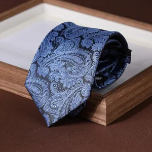Blue paisley zipper necktie for men, formal business suit pre-tied tie, 8cm wide stylish neckwear.