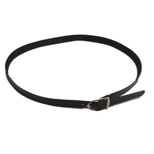 Gedetailleerd overzicht van een slanke zwarte hoedebandriem met zilveren metalen gesp voor hoeden.