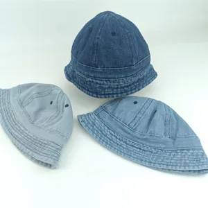 Kids casual denim bucket hat solid color washed basin cap for spring autumn daily wear
