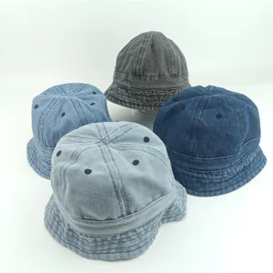 Children casual denim bucket hat solid color washed basin cap spring autumn sun protection