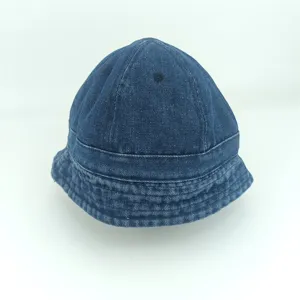Kids casual denim bucket hat, solid color washed cotton basin hat for spring autumn sun protection.