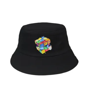 Black bucket hat for adults with colorful cube print, outdoor sun protection wide brim cap.