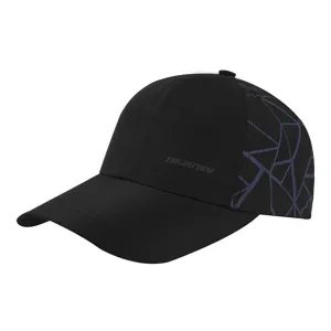 Detail view of black quick-drying baseball cap with geometric side pattern and front logo.