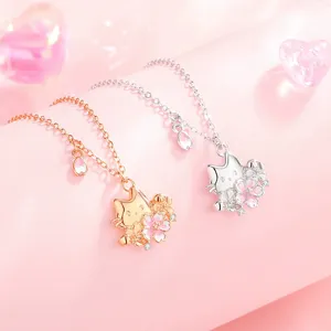 Sweet Copper Cartoon Cat Cherry Blossom Pendant Necklace Enamel Rhinestone Animal Floral Clavicle Chain For Women Fashion Daily Jewelry