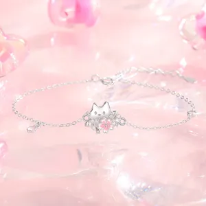 Exquisite cherry blossom cat bracelet for women, sweet style silver link chain jewelry.