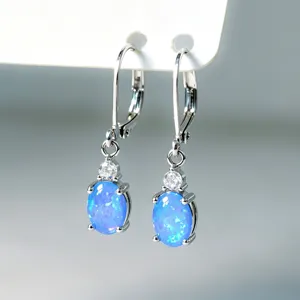 Élégantes Boucles d'Oreilles Créoles en Cuivre Strass Bleu Minimaliste Géométrique Ovale Pendantes pour Femmes Bijoux Mode Quotidienne