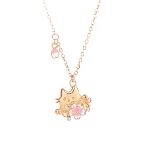 Rose gold cherry blossom cat pendant necklace, sweet style sweet clavicle chain for women.