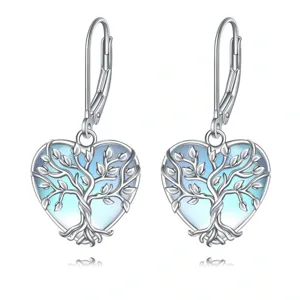 Pendientes de árbol de la vida con corazón y piedra azul, joyería elegante.