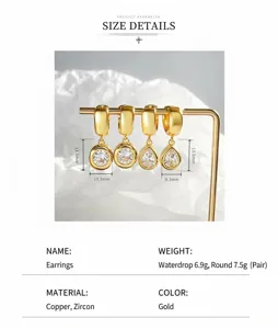 Detailed view of gold plated zircon drop and round hoop earrings showing precise size and dimensions.