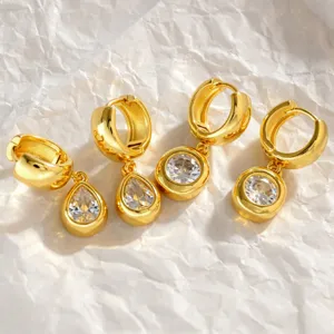 Minimalist Copper Rhinestone Drop Hoop Earrings Square Waterdrop Geometric Huggie Earrings Gold Silver Plated Fashion Jewelry for Women