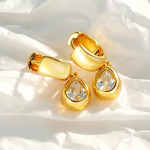 Gold-plated teardrop cubic zirconia hoop earrings, elegant minimalist design for women daily wear.