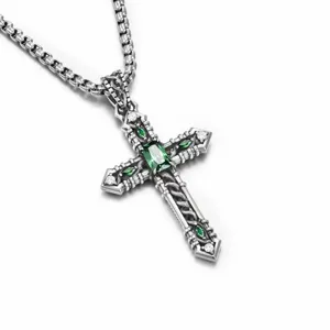 Vintage Copper Cross Pendant Necklace For Men Antique Silver Plated Gothic Hollow Carved Rhinestone Sweater Chain Punk Jewelry Gift