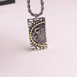 Vintage Kupfer Löwe Anhänger Halskette Für Herren Antik Thai Silberton Relief Totem Rechteck Charm Kordelkette Schmuck Geschenk