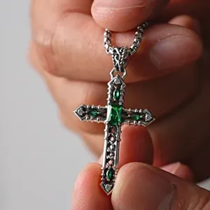 Retro vintage silver cross necklace for men gothic style green gemstone pendant jewelry