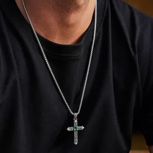 Vintage silver cross necklace for men, gothic retro style pendant with green stones and chain.