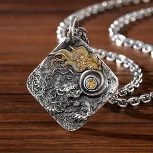 Vintage Copper Dragon Pendant Necklace For Men Antique Thai Silver Tone Geometric Relief Auspicious Clouds Male Necklace Jewelry Gift