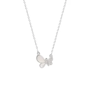 Exquisite silver butterfly necklace detail shot, featuring shimmering zircons and mother-of-pearl.