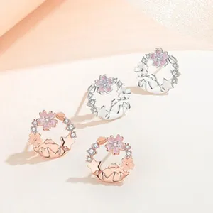 Chic cherry blossom zircon ear studs, elegant double-layer heart fashion jewelry for women.