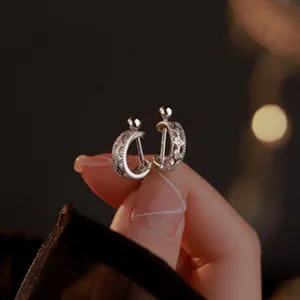 Detailed close-up of delicate double-layer silver hoop earrings with sparkling zircon stones.