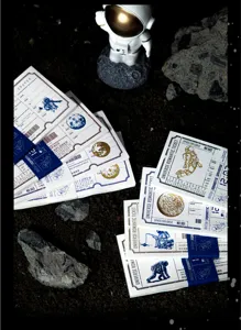 Retro gold foil ticket memo pad with space astronaut theme, vintage material paper for journaling.