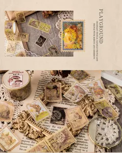 Vintage Briefmarken Washi Tape und Sticker Set, elegante Goldfolie Tagebuch Deko Details.