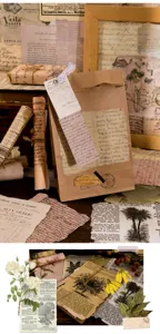 Vintage σετ υλικών scrapbooking με σακούλα από kraft χαρτί και ρετρό διακοσμητικό χαρτί.