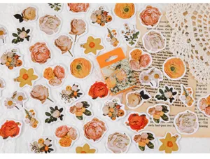 Retro floral stickers set, vintage rose and daisy designs for journal scrapbooking art.